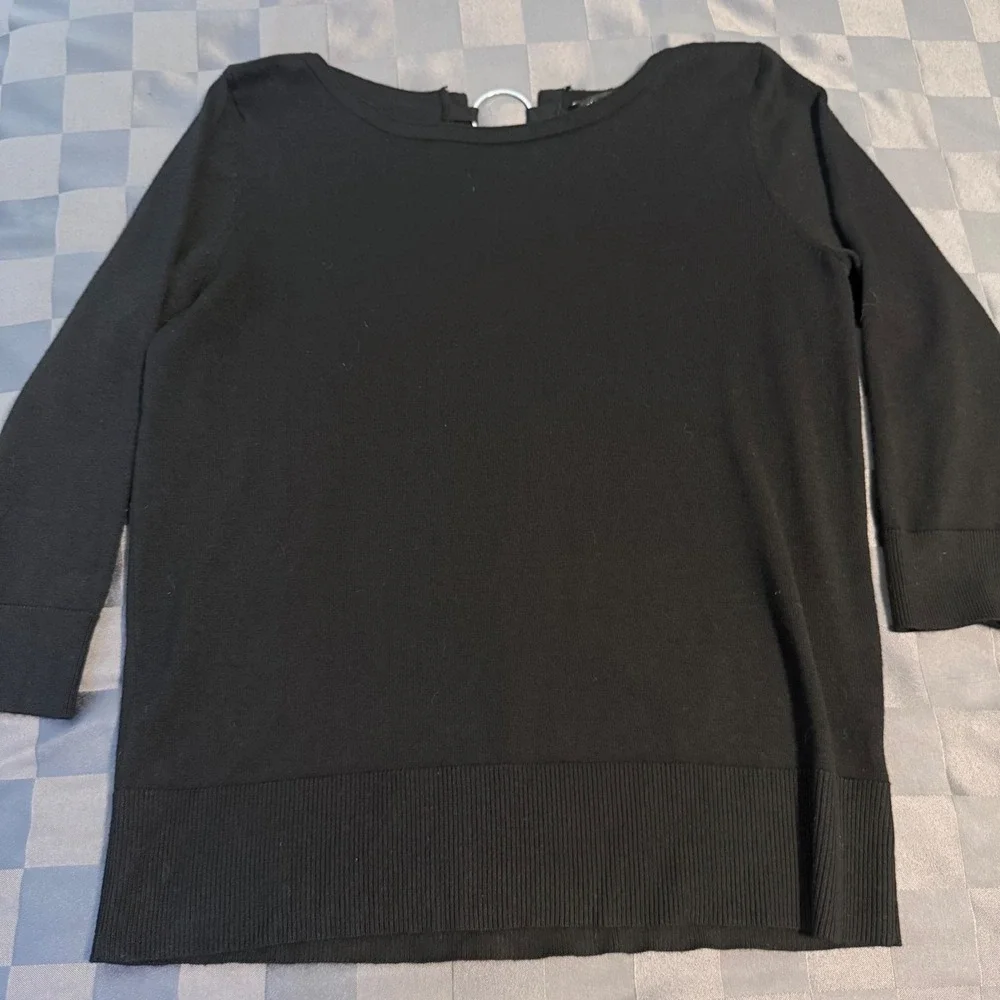 Cable & Gauge Black Knit Sweater Top Medium Silver O-Ring Back 3/4 Sleeve